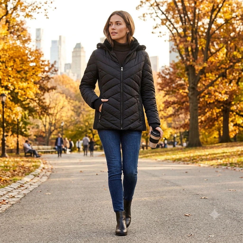 Nautica Women’s Black Puffer Jacket with Detachable Hood