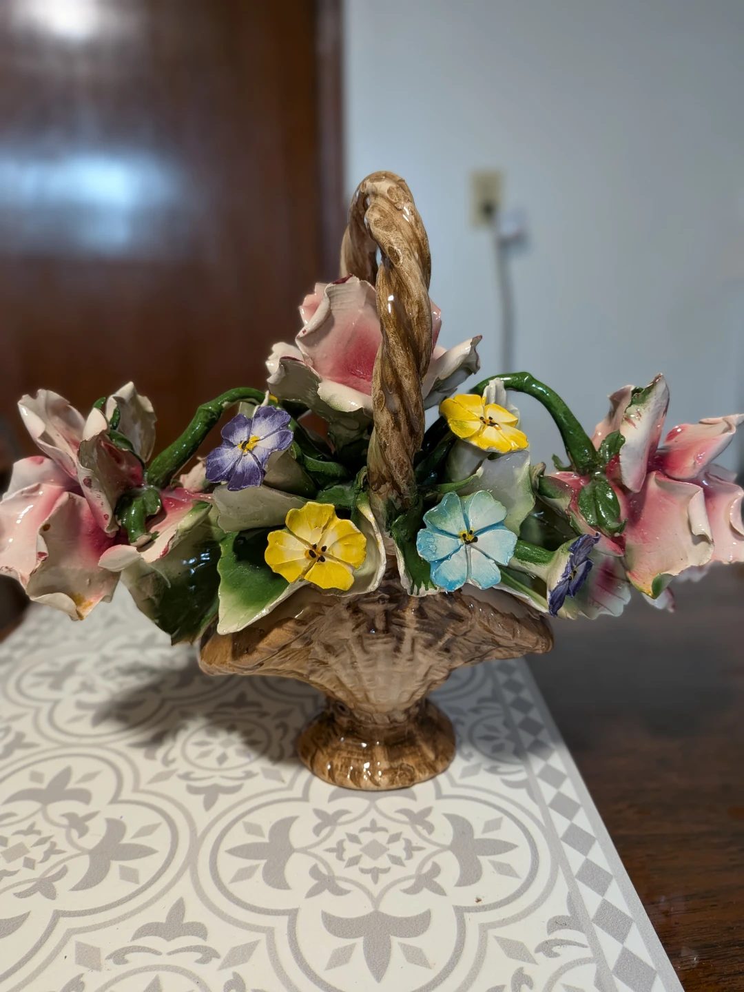 Vintage Ceramic Flower Basket Arrangement