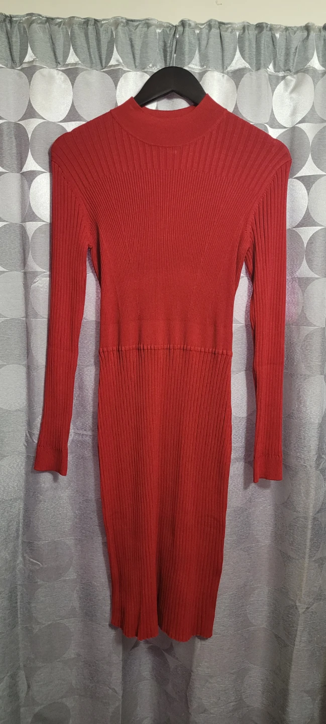 Red ribbed long sleeve mock neck dress - photo 2