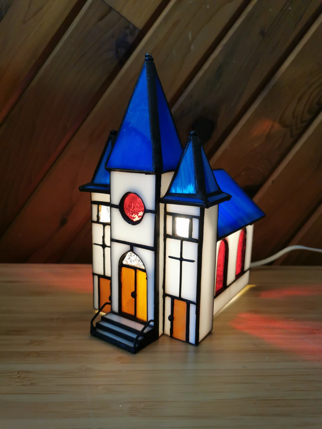 Vintage Stained Glass Chapel Church Light Lamp Blue Double Tower