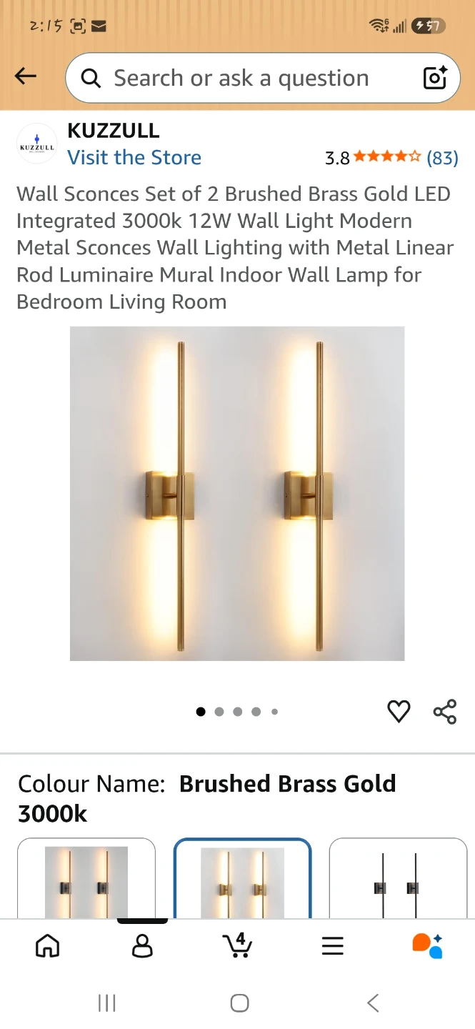 Set of 2 Brushed Brass Gold LED Wall Sconces