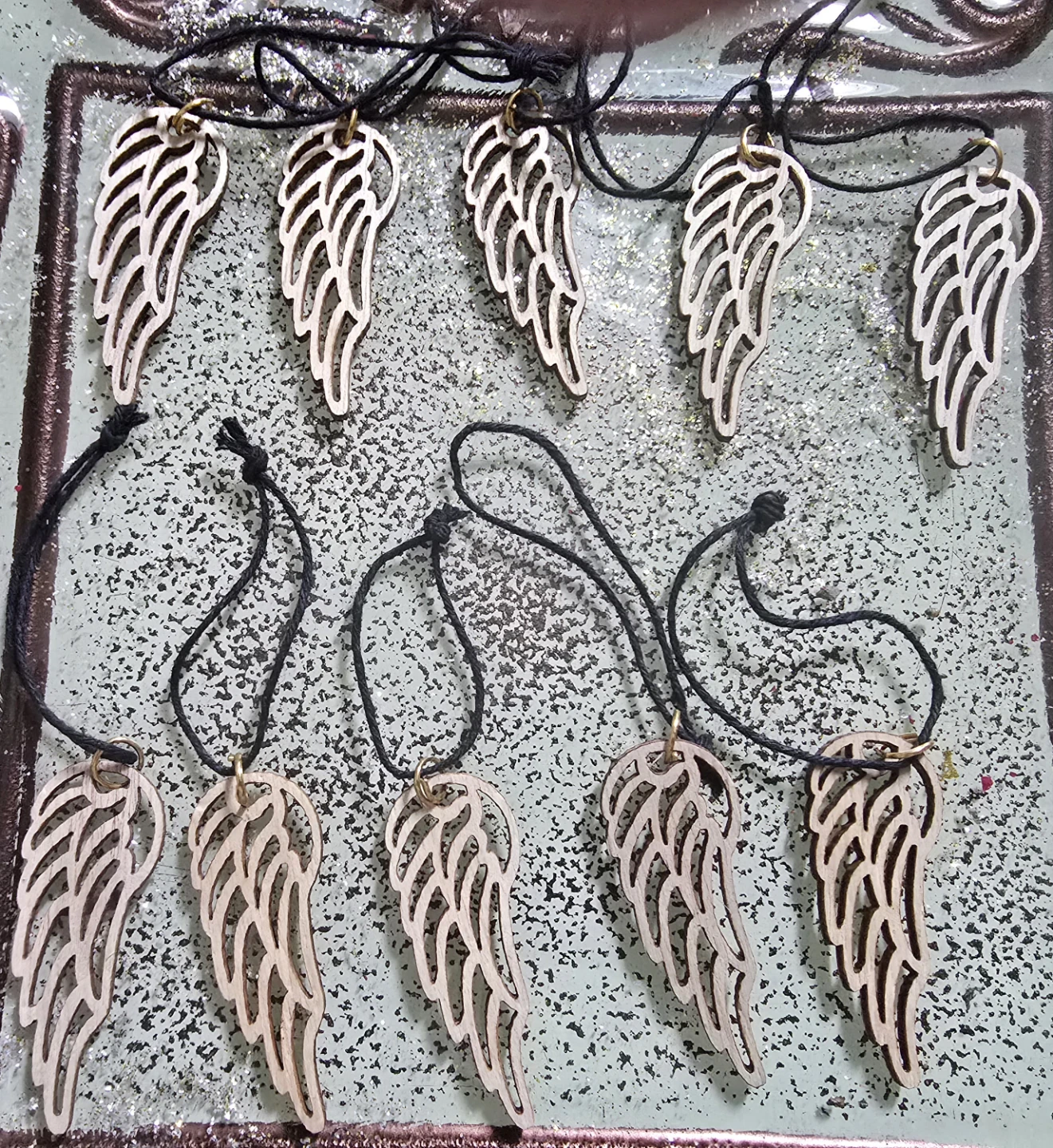 Set of 10 Wooden Angel Wing Ornaments