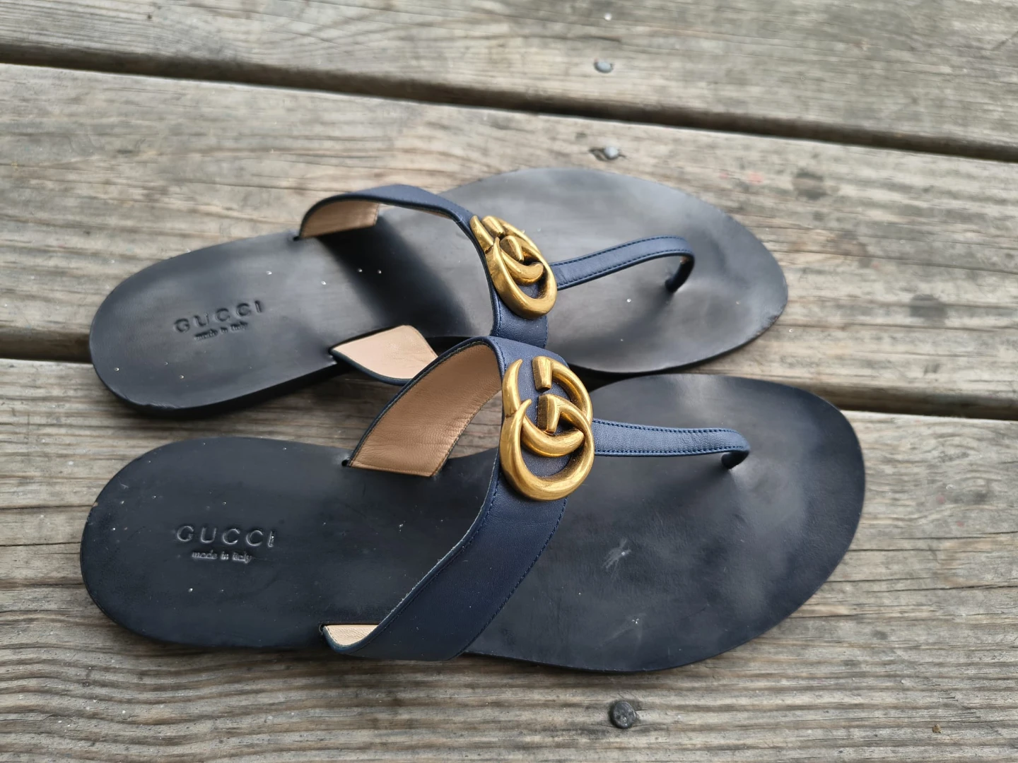 Gucci Double G Navy Leather Sandals
