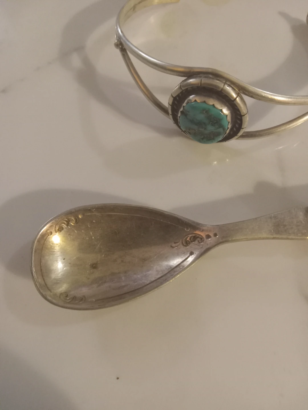 Vintage silver plated spoon and turquoise cuff bracelet - photo 2