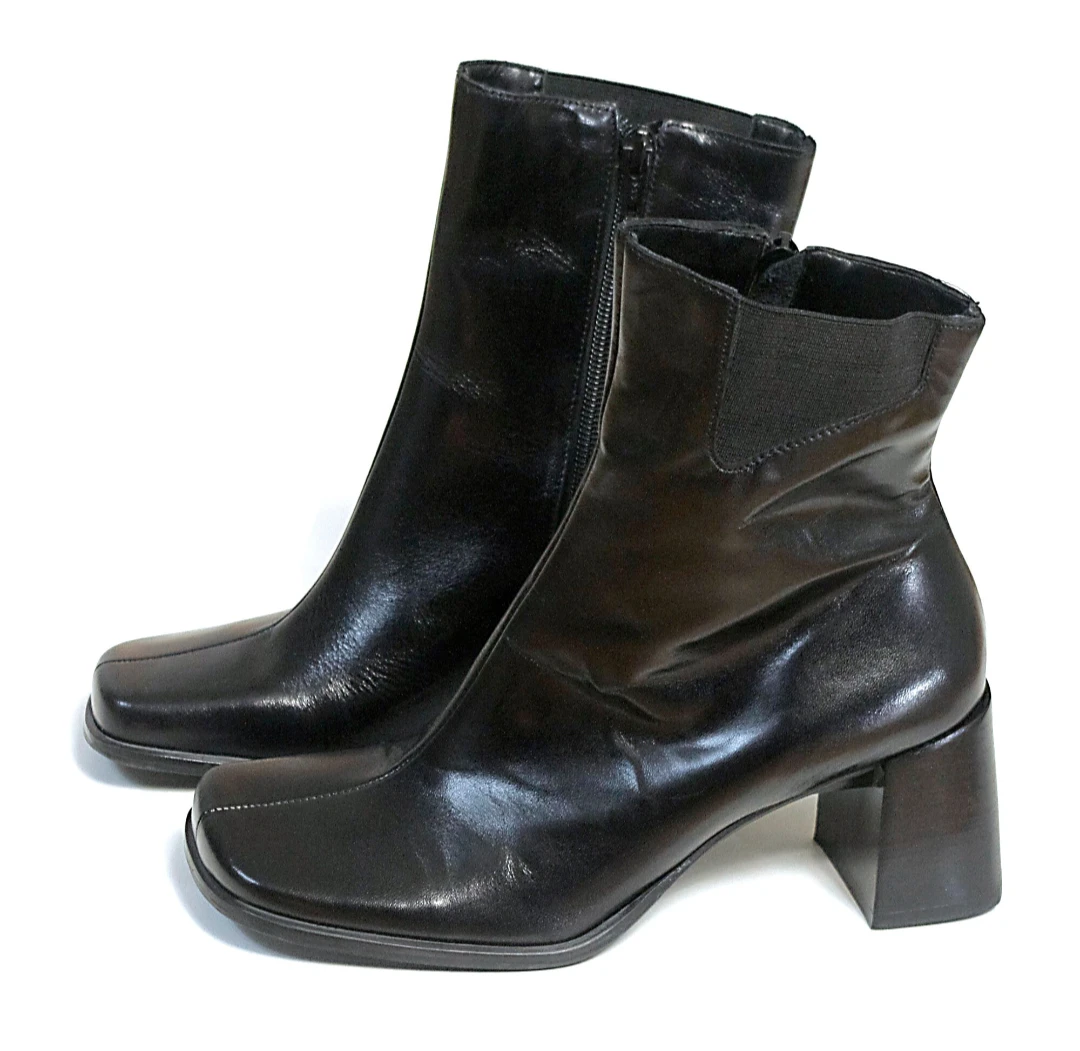 Vintage Black Leather Ankle Boots with Block Heel - photo 4