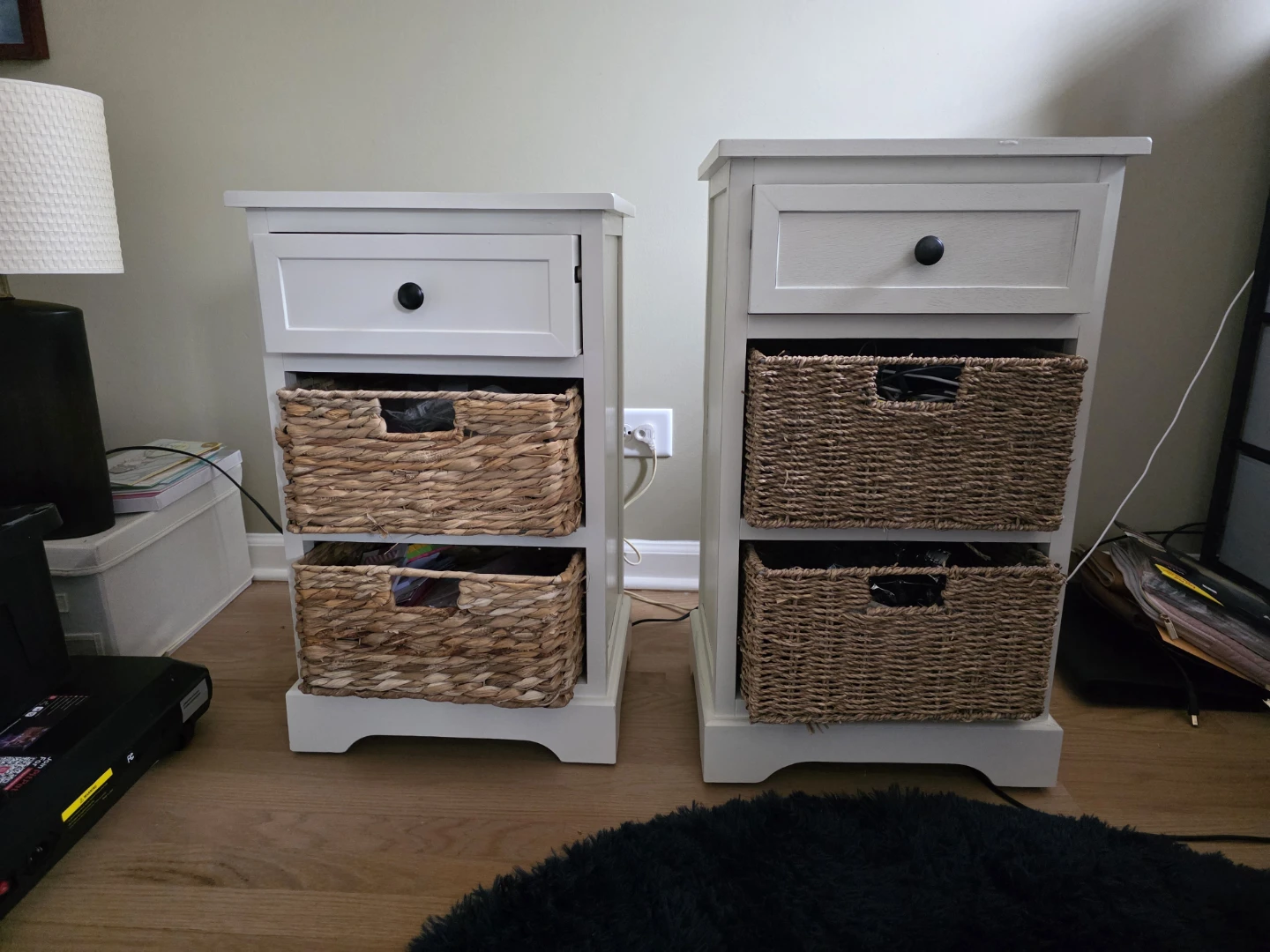 Two White Nightstands with Woven Baskets