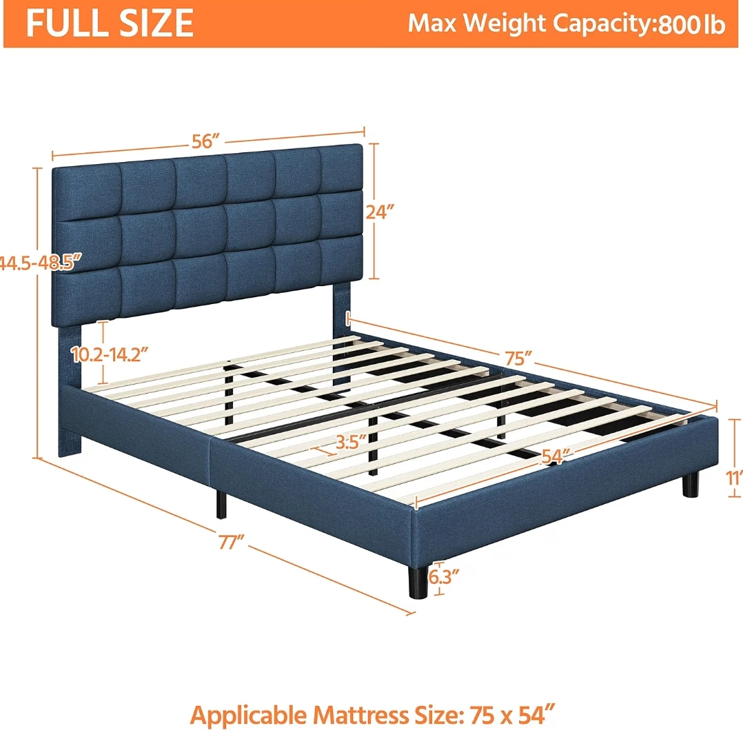 Full Size Blue Upholstered Platform Bed