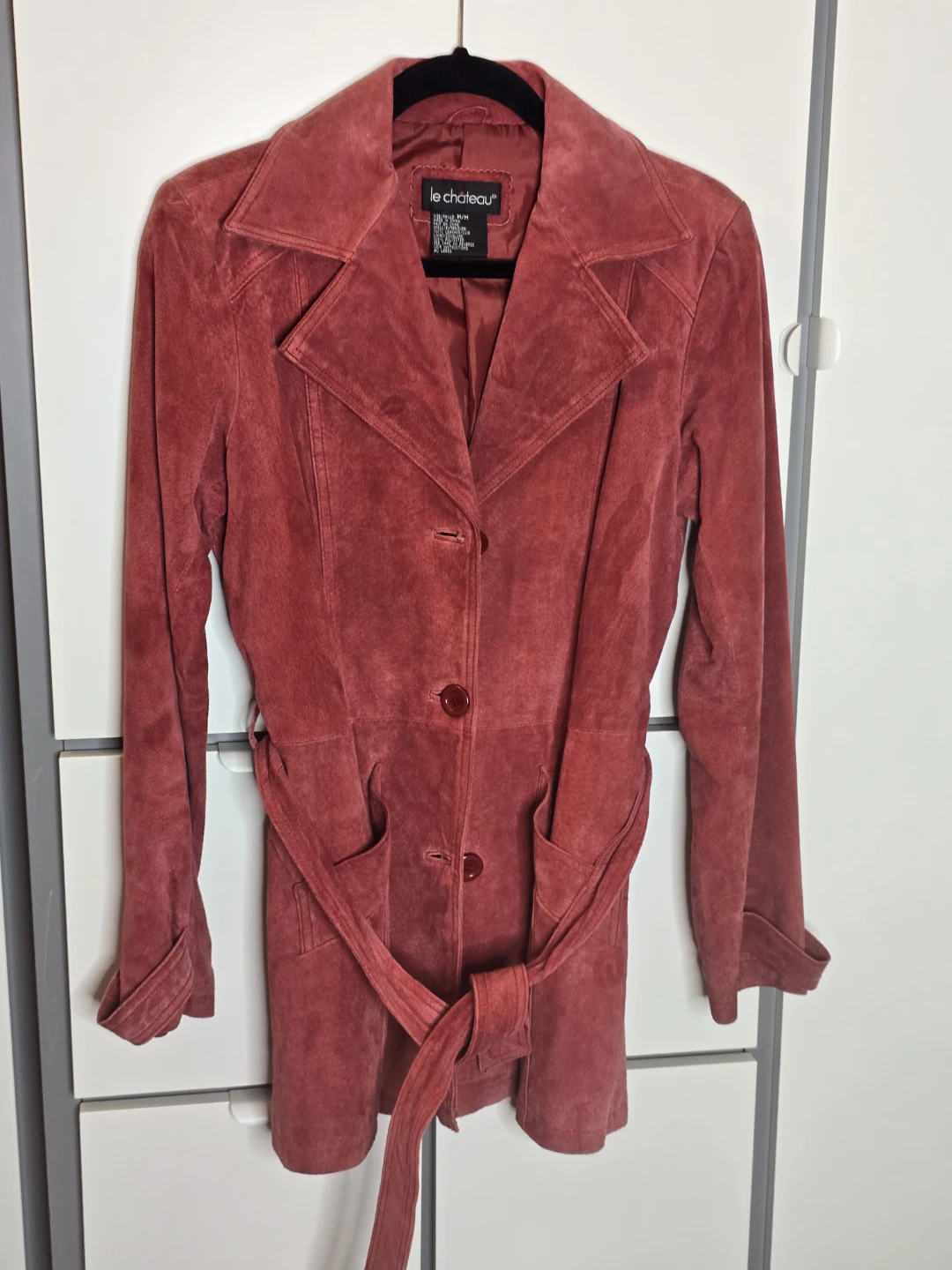 Le Chateau Red Suede Leather Trench Coat size M fits XS-S