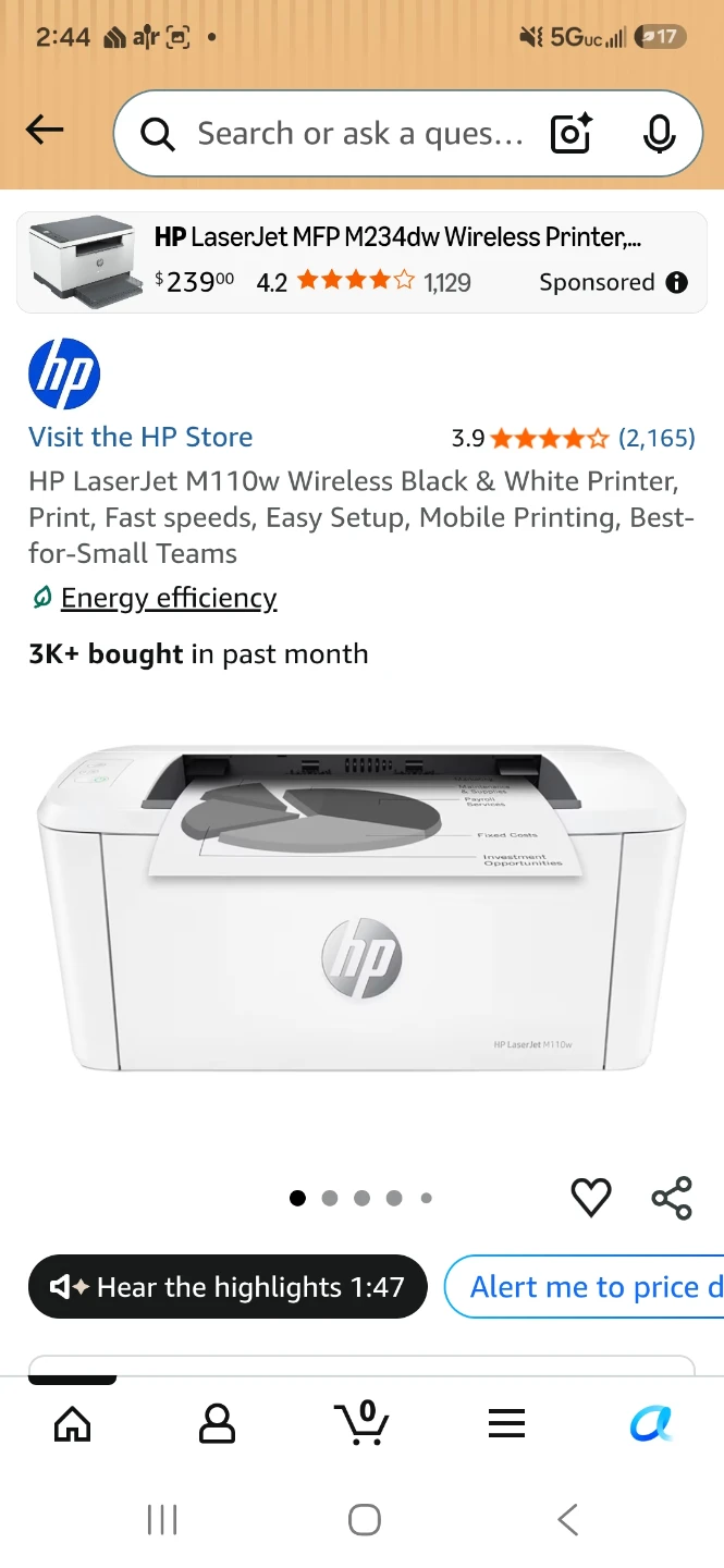 HP LaserJet M110w Wireless Black & White Printer
