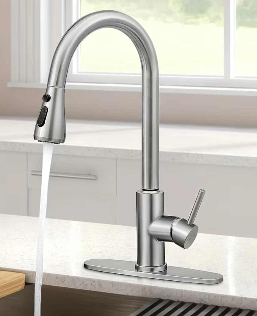 Brushed Nickel Kitchen Faucet with Pull-Down Sprayer