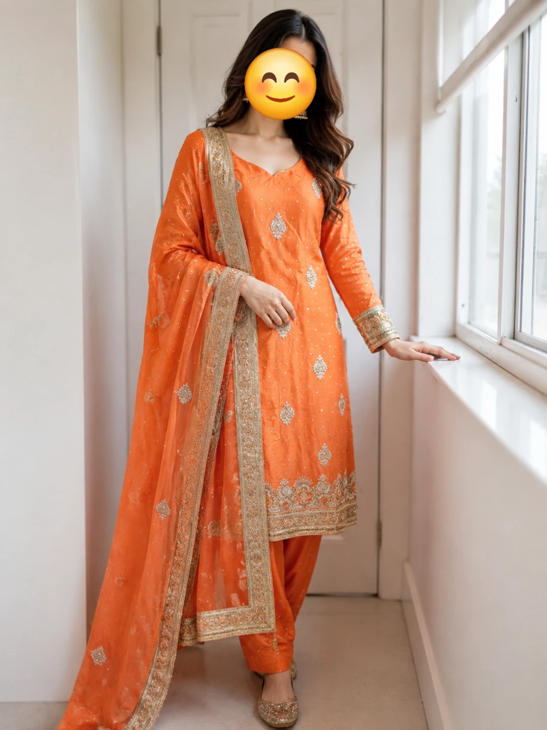 Orange Embroidered Indian Suit with Dupatta