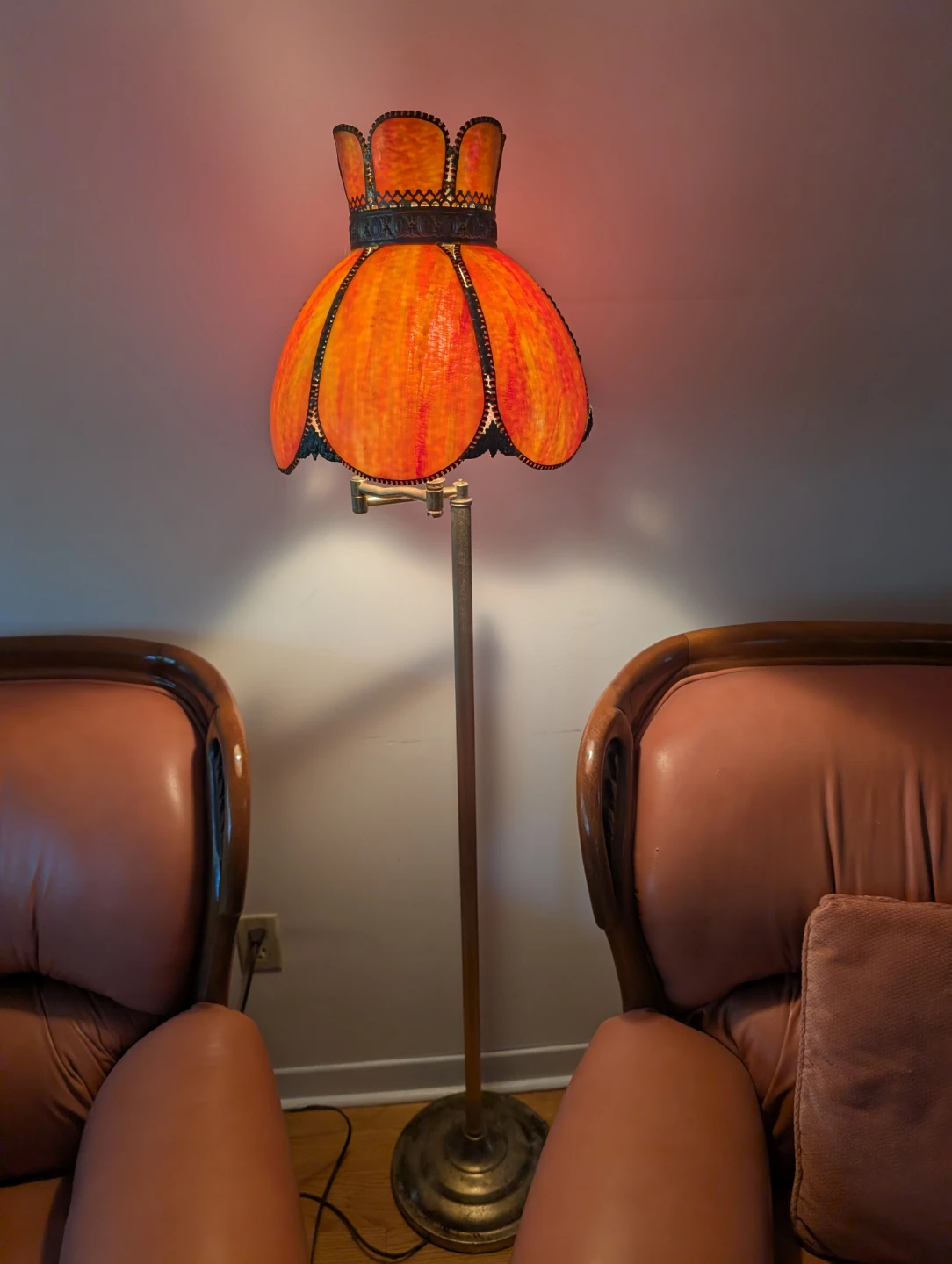 Vintage Art Nouveau Slag Glass Swing-Arm Floor Lamp