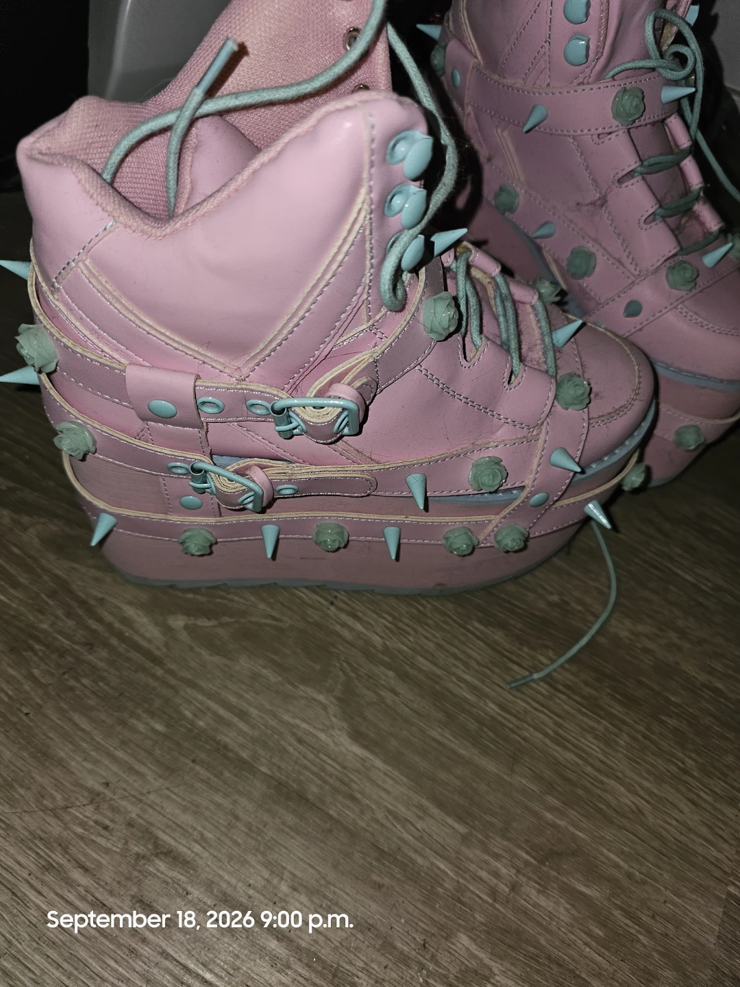 Pink Platform Boots with Spikes and Roses
