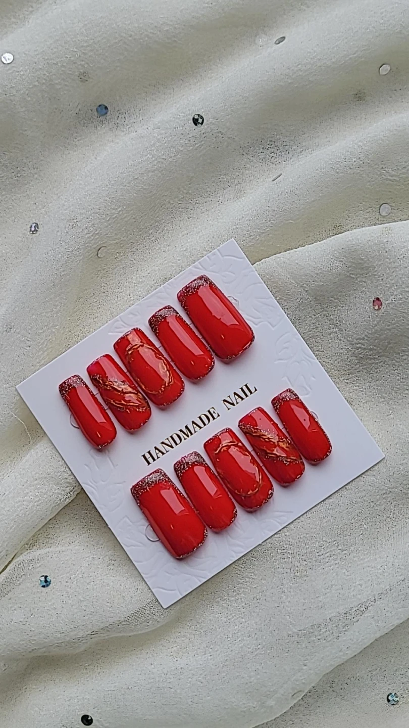 Handmade Crimson Glitter Press-on Nails