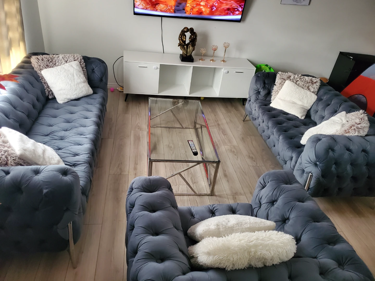 Blue Velvet Chesterfield Sofa Set and glass table