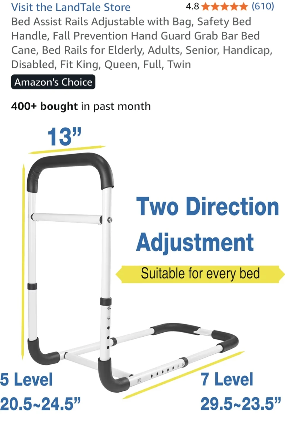 LandTale Adjustable Bed Assist Rail with Storage Bag - photo 4