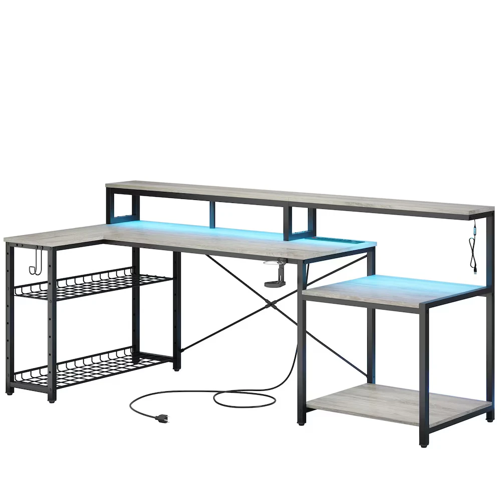 L-Shaped Gaming Desk with LED Lights and Power Outlets