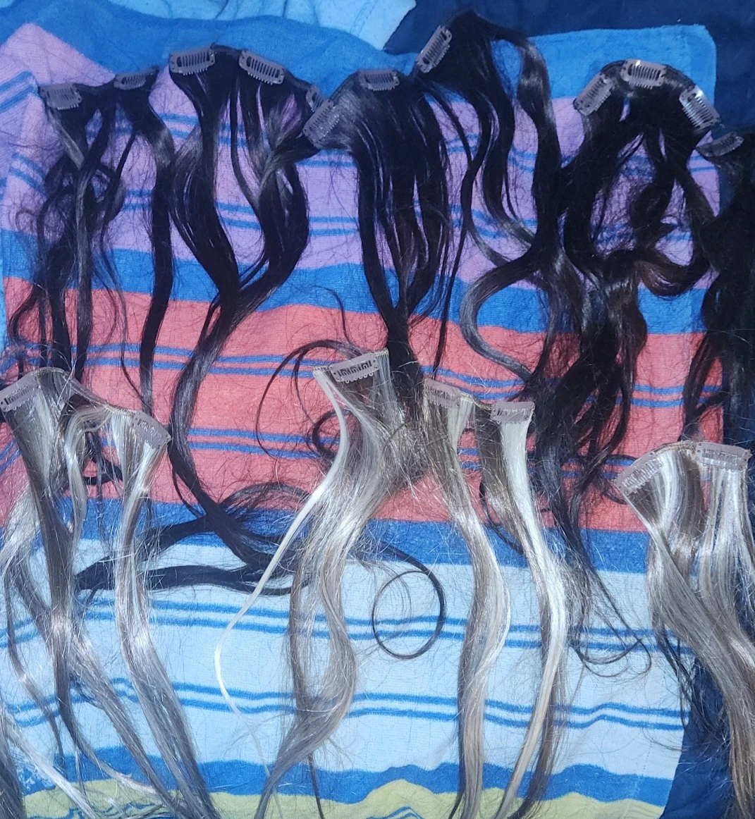 Human Hair Clip In Extensions   Dark Brown  Highlighted Tracks