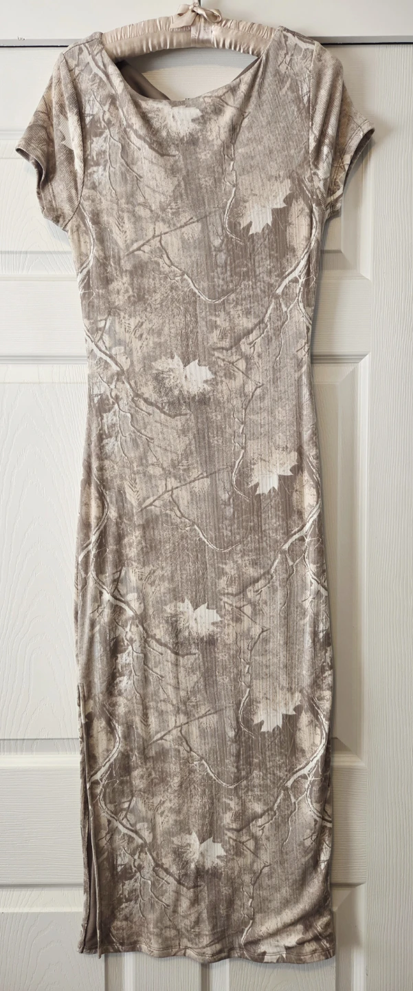Tan Maple Leaf Print Midi Dress