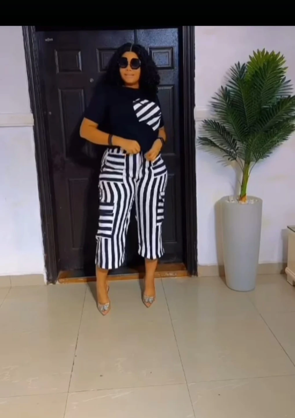 Black and White Striped Cargo Capri Pants