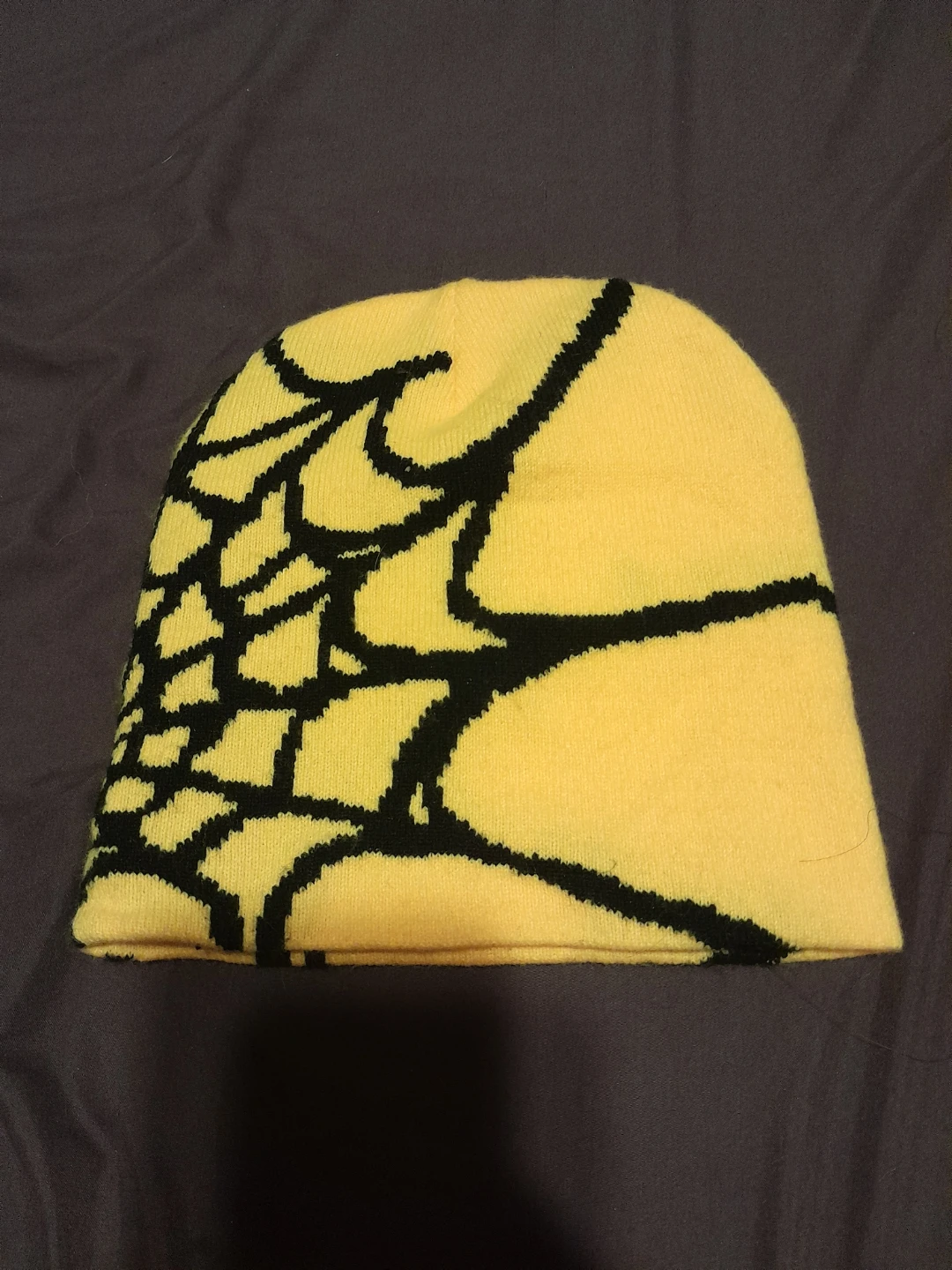 Yellow Beanie with Black Spiderweb Design