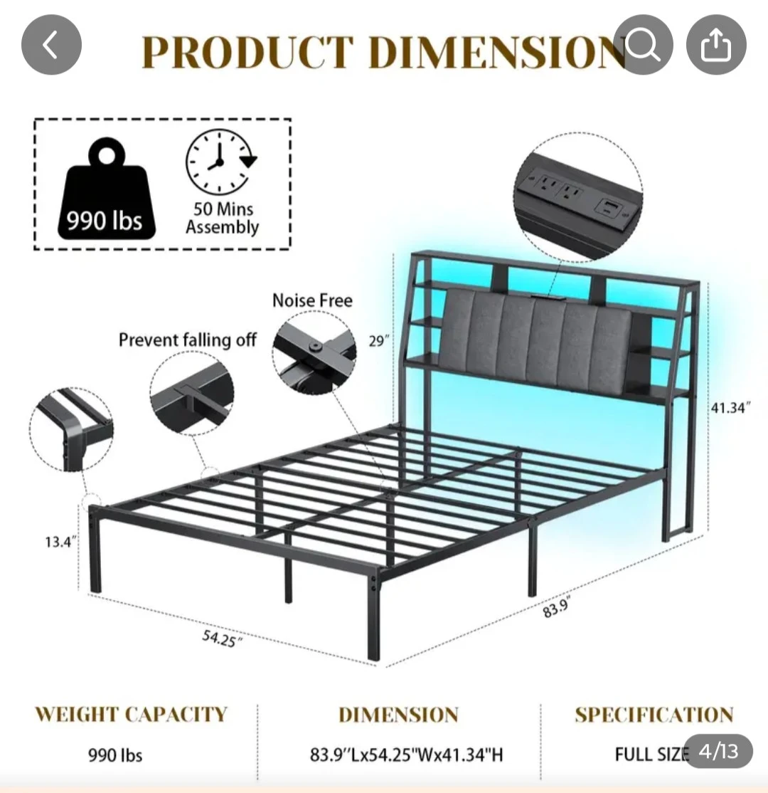 Full Size Metal Platform Bed Frame with Headboard and LED Lights