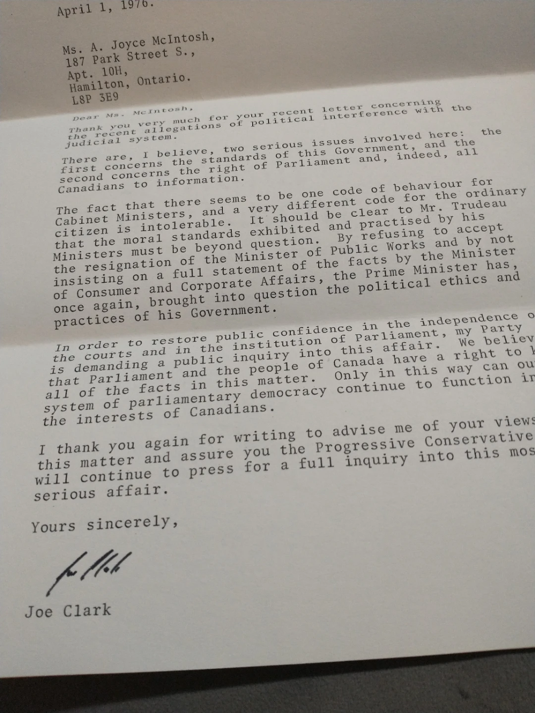 1976 Signed Letter from Joe Clark, Leader of the Opposition