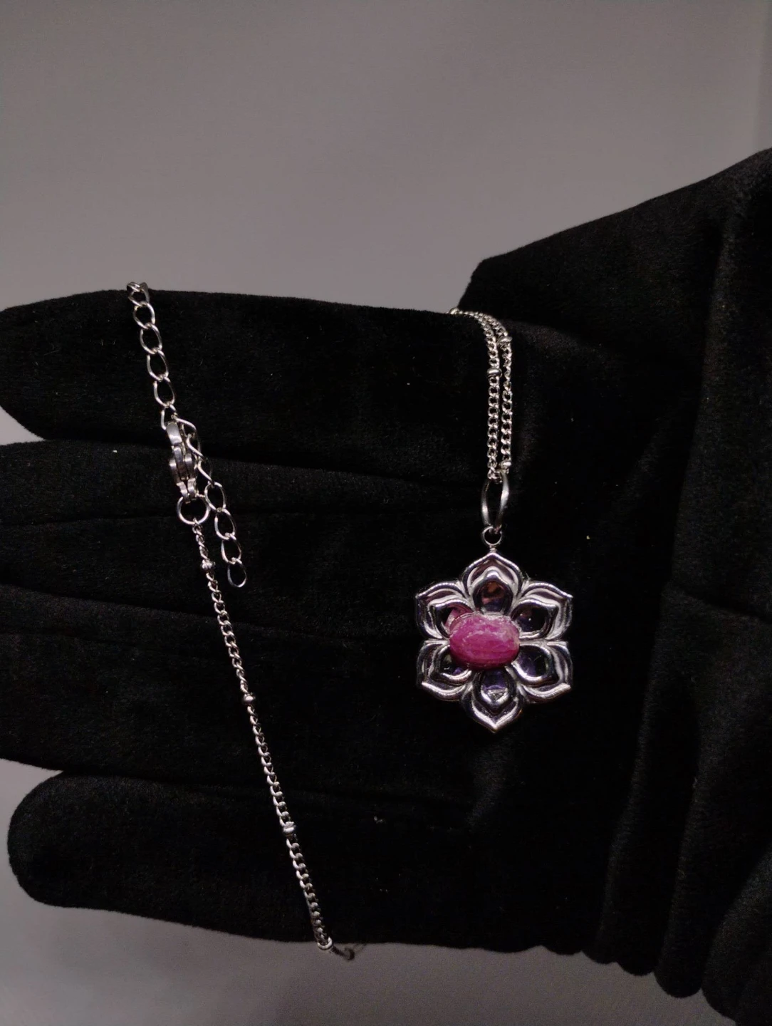 Silver Ruby Flower Pendant Necklace & Earrings Set - photo 3