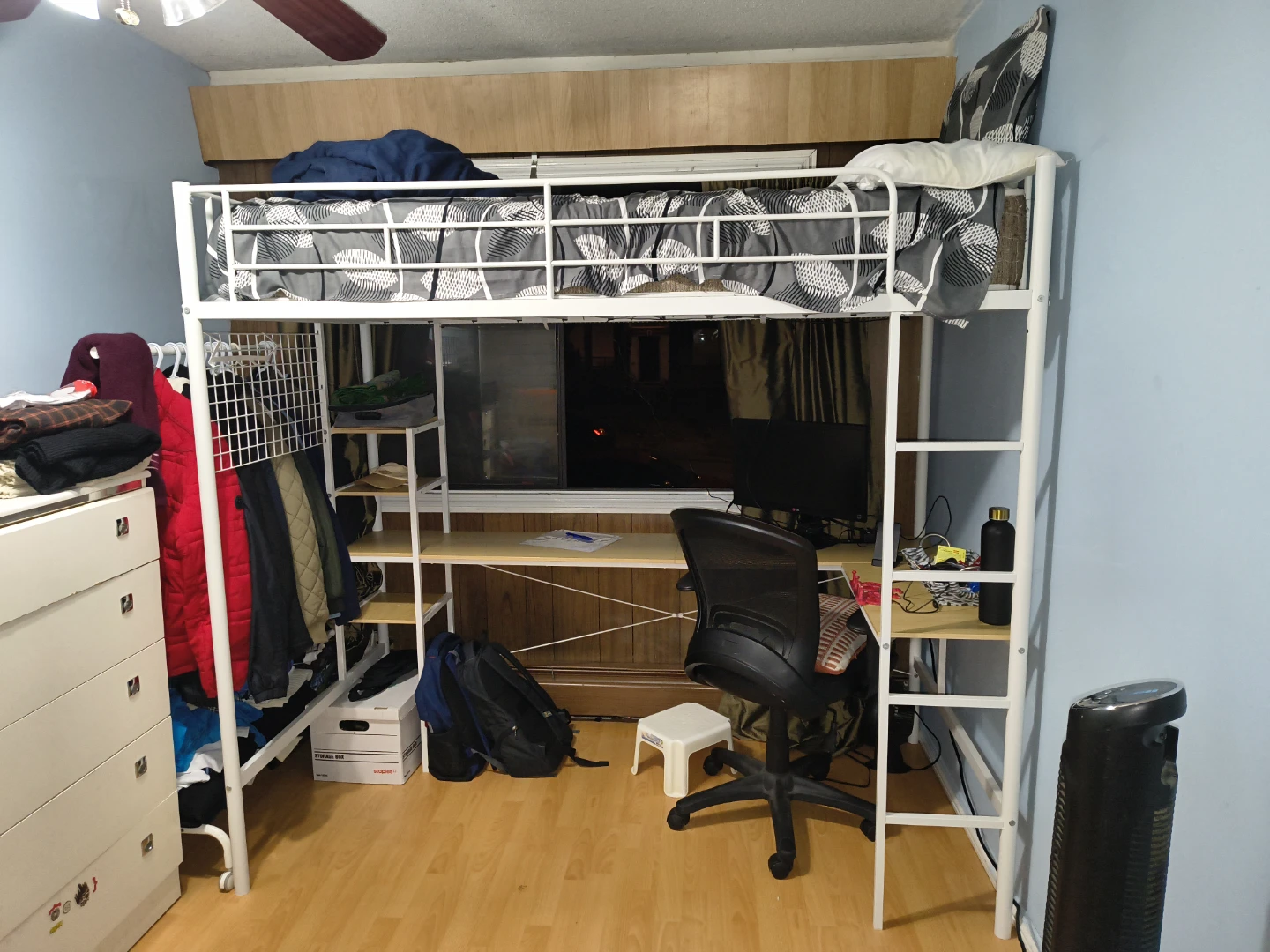White Metal Loft Bed with Integrated Desk