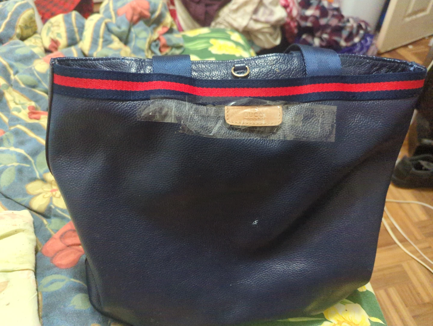 Gucci navy blue leather web tote bag - photo 3