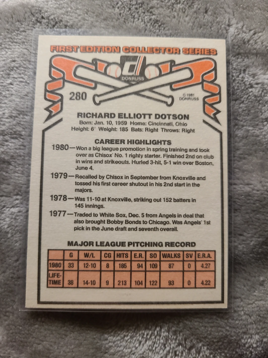 1981 Donruss Rich Dotson Baseball Card #280 - photo 2