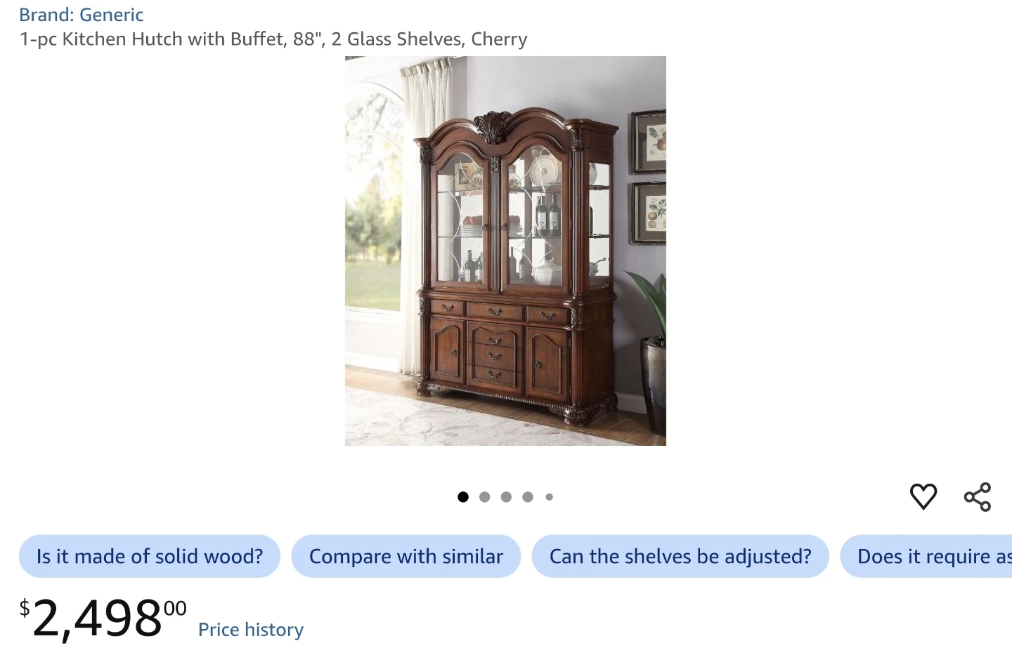 1-pc Kitchen Hutch with Buffet, 88", 2 Glass Shelves, Cherry