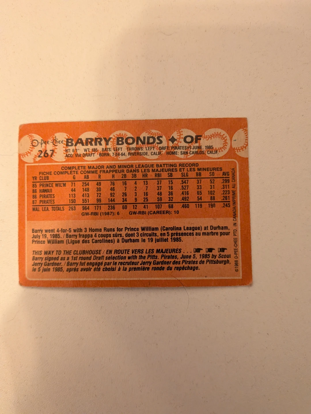 1988 O-Pee-Chee Barry Bonds Pirates Baseball Card - photo 4