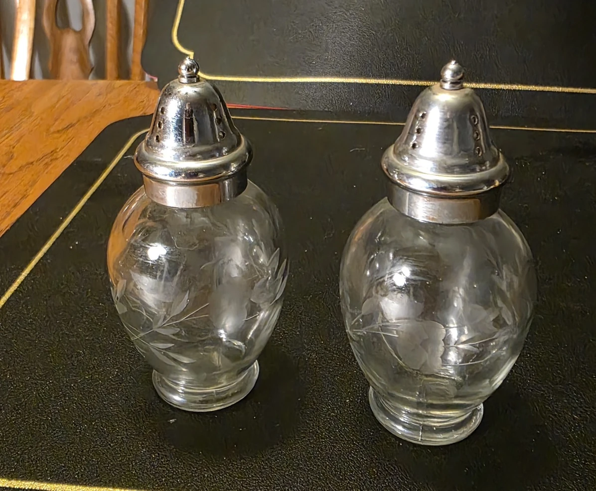 Vintage Etched Crystal Salt and Pepper Shakers Chrome Dome Set