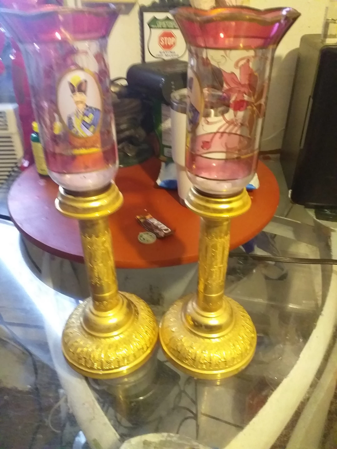 Pair of Vintage Glass and Gold Candle Holders