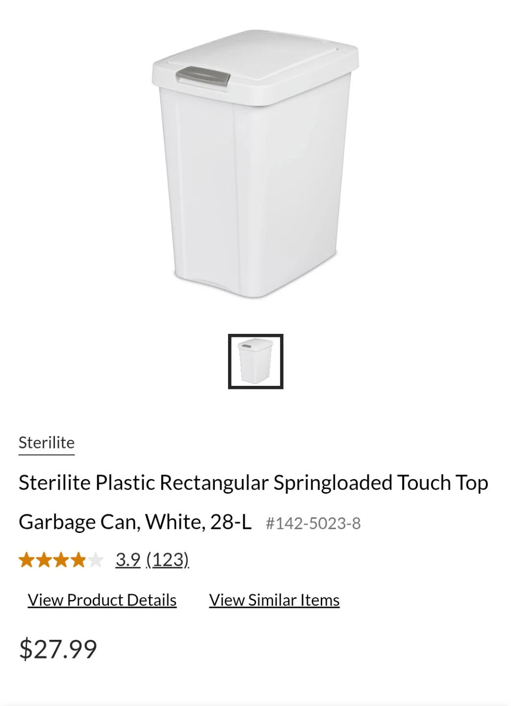 Sterilite 28L White Touch Top Garbage Can