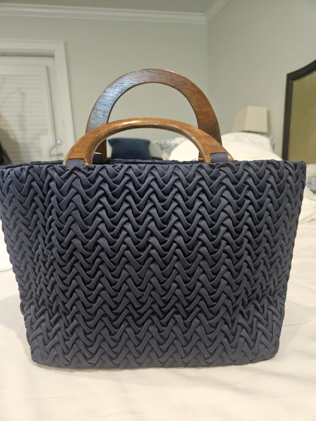 Navy Blue Woven Tote Bag with Wooden Handles