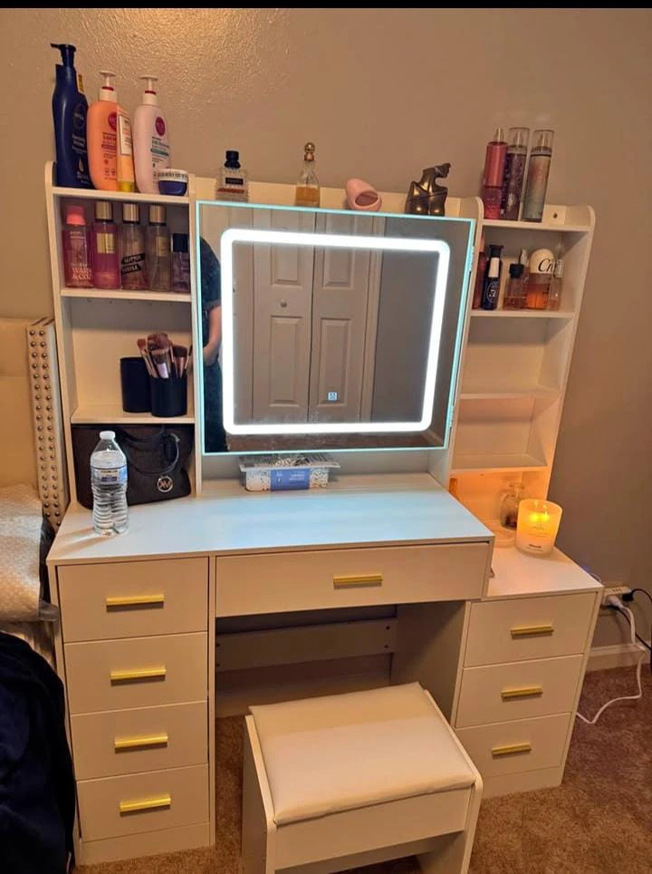 White Vanity Desk with LED Mirror-delivery available