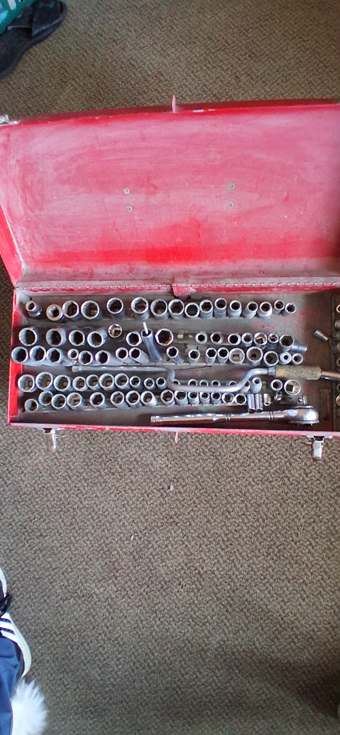 Vintage Red Metal Tool Box with Assorted Tools