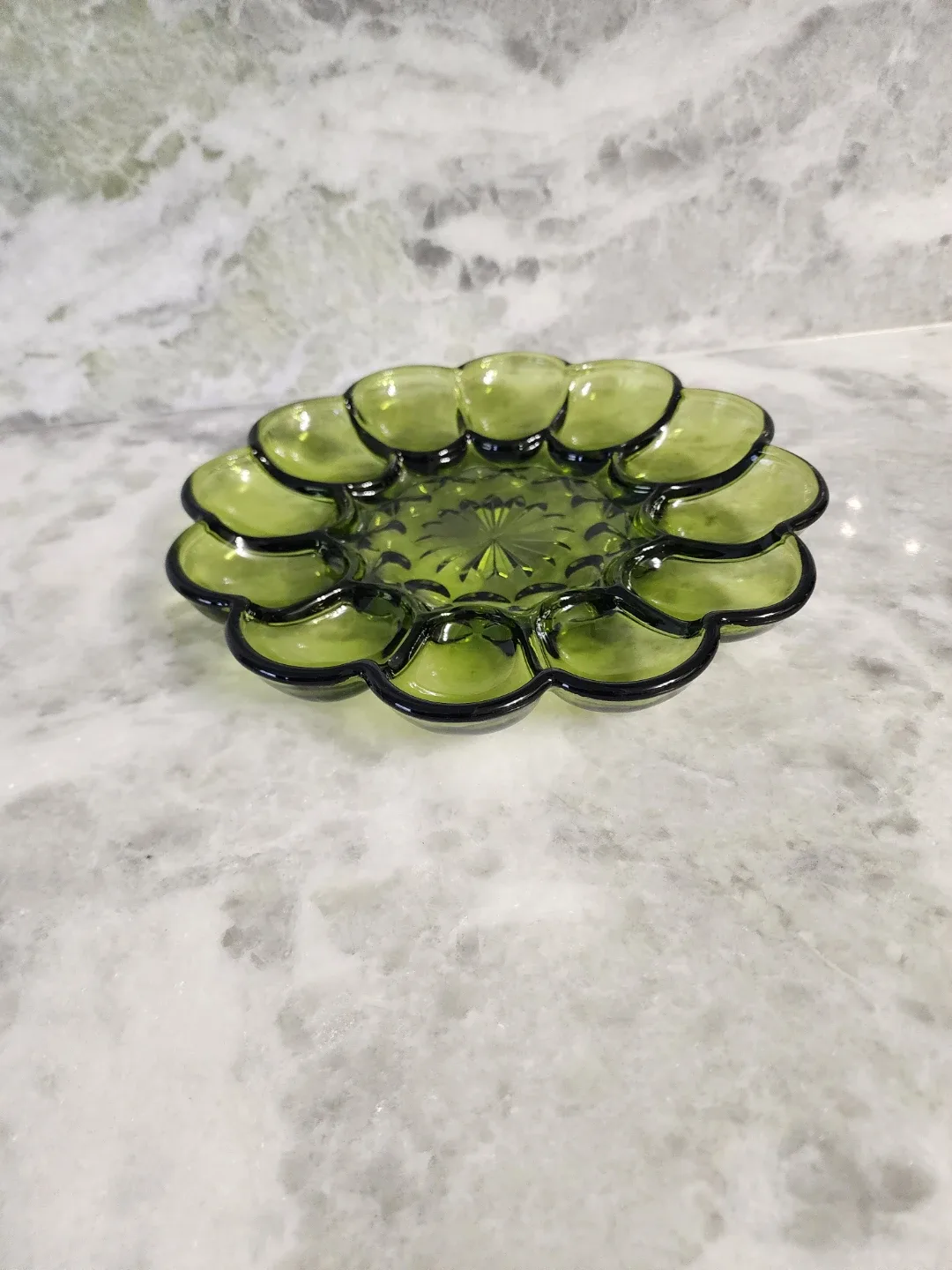 Vintage Green Glass Deviled Egg Platter