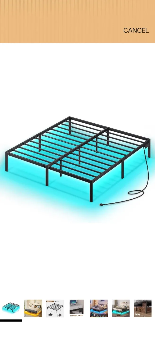 King Size Metal Bed Frame with LED Lights and Charging Station