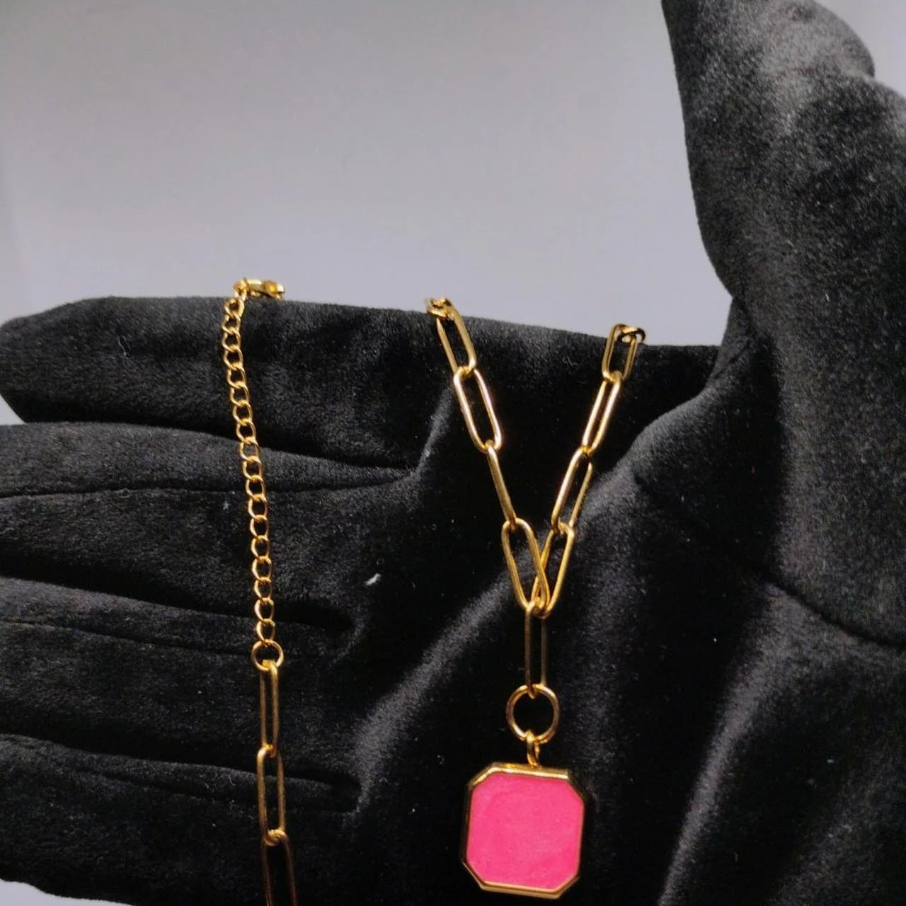 Hot Pink Boho Pendant & Paperclip Necklace Stainless