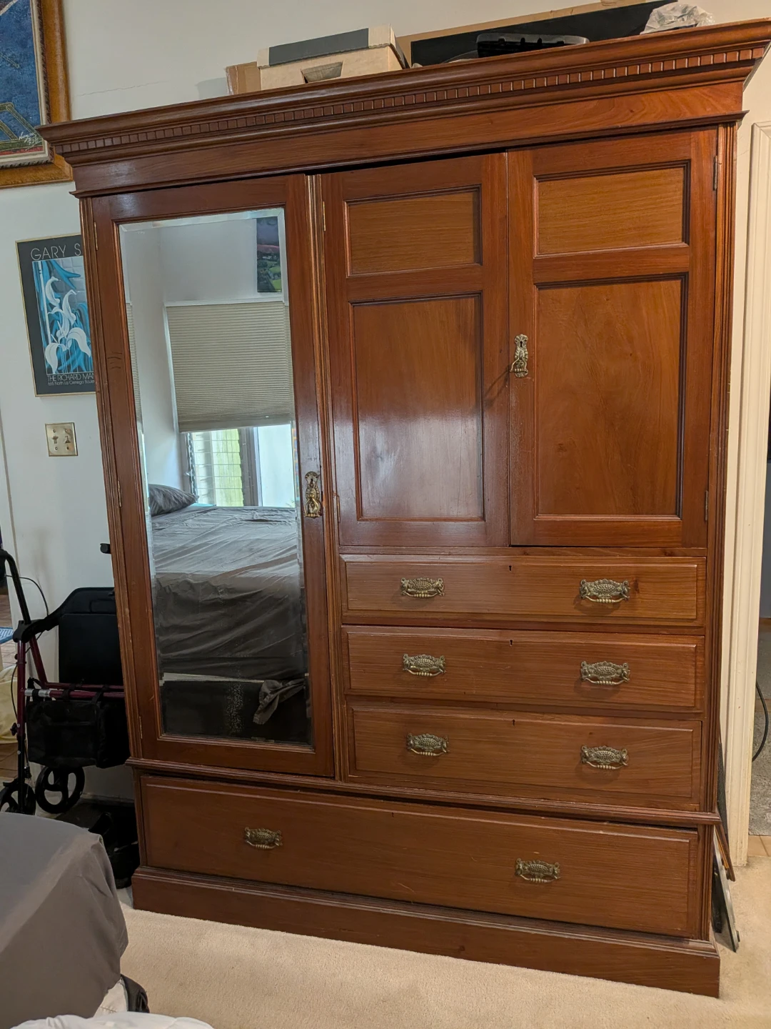 Vintage Wooden Wardrobe with Mirror