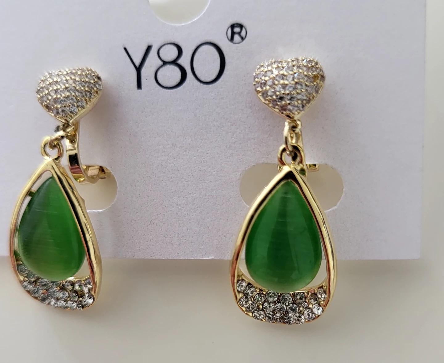 Gold-Tone Clip-On Earrings with Green Teardrop Stone