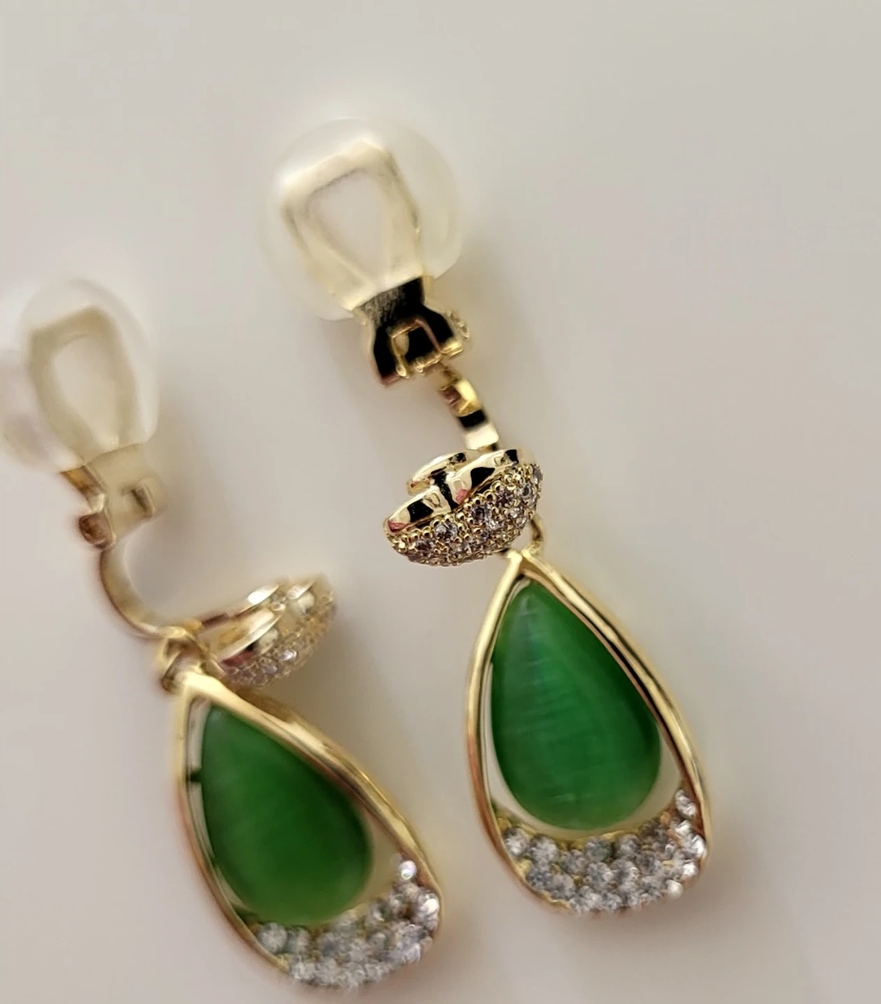 Gold-Tone Clip-On Earrings with Green Teardrop Stone - photo 2