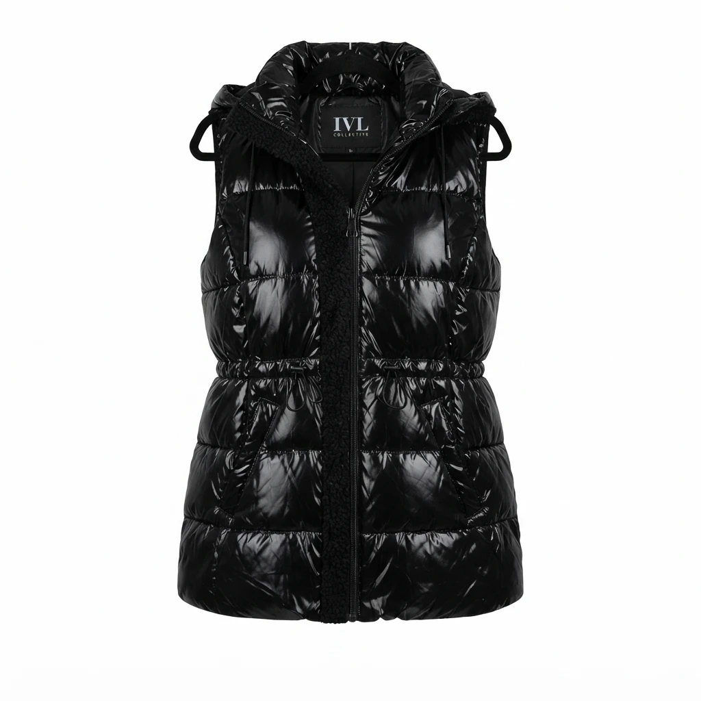 IVL Collective Black Glossy Down Puffer Vest with Hood