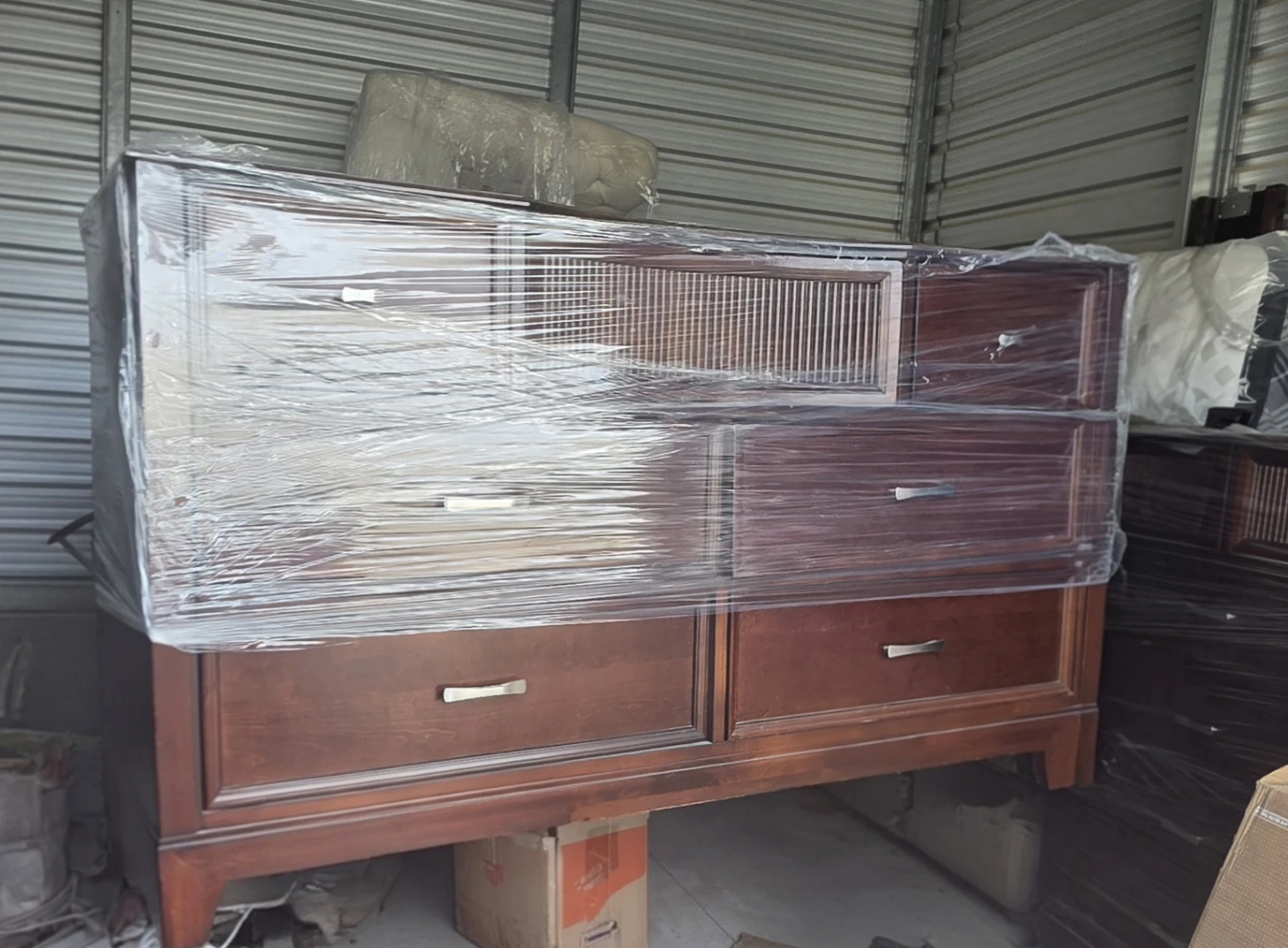 King size Dark Wood Bed Frame with Upholstered Headboard