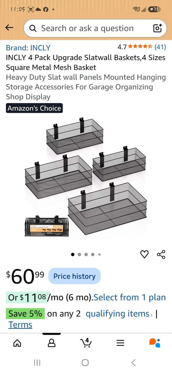 4-Pack Metal Slatwall Baskets