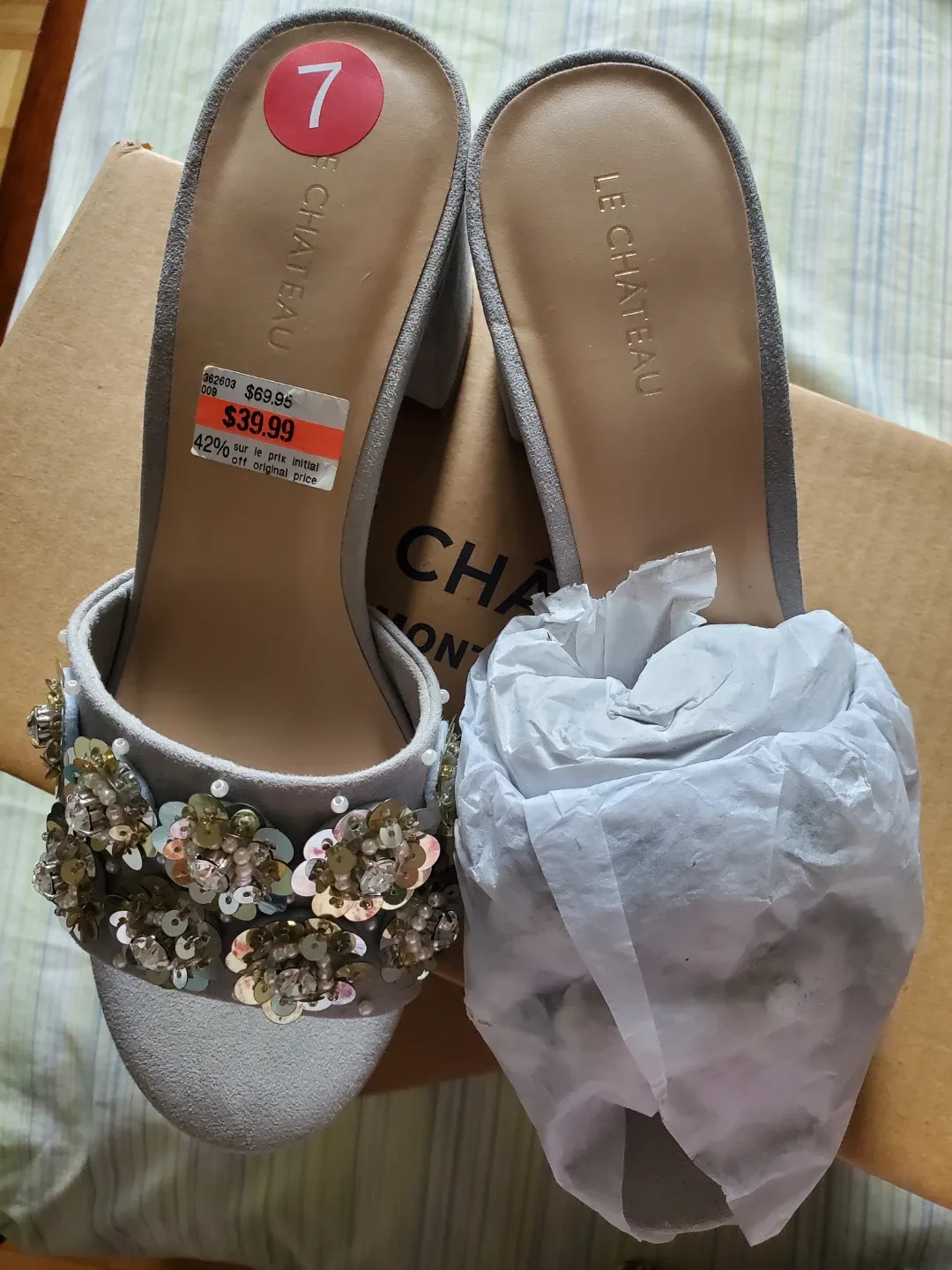 Le Chateau Grey Embellished Mule Heels - Size 7 - photo 4