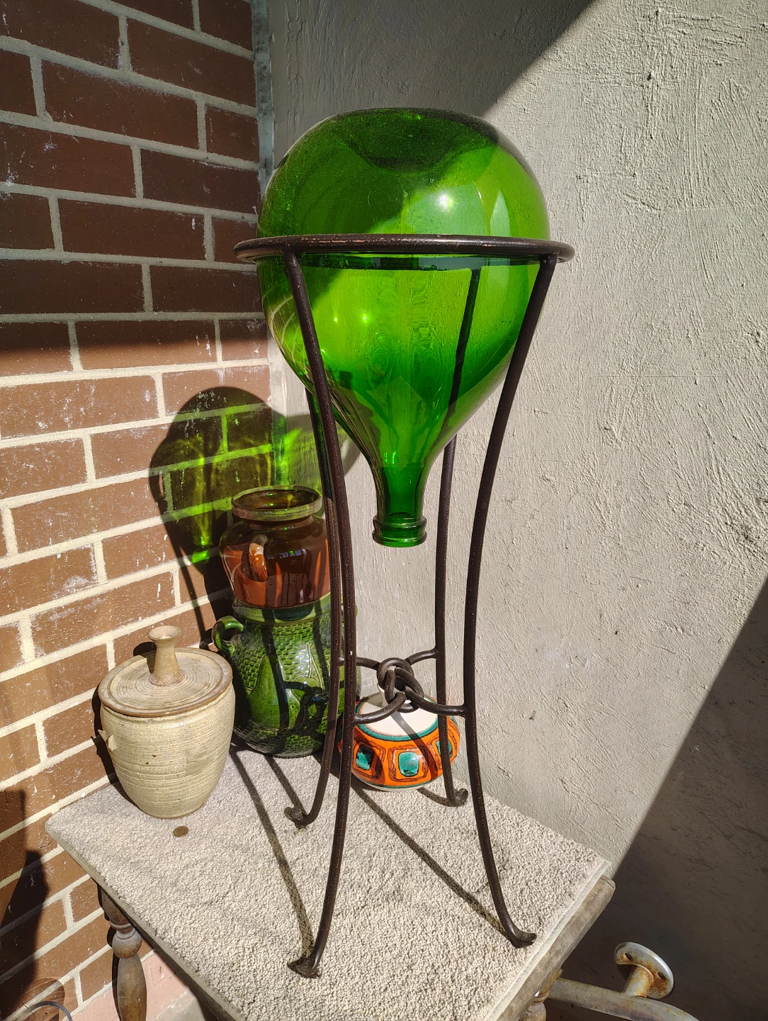 Vintage Green Glass Carboy on Metal Stand